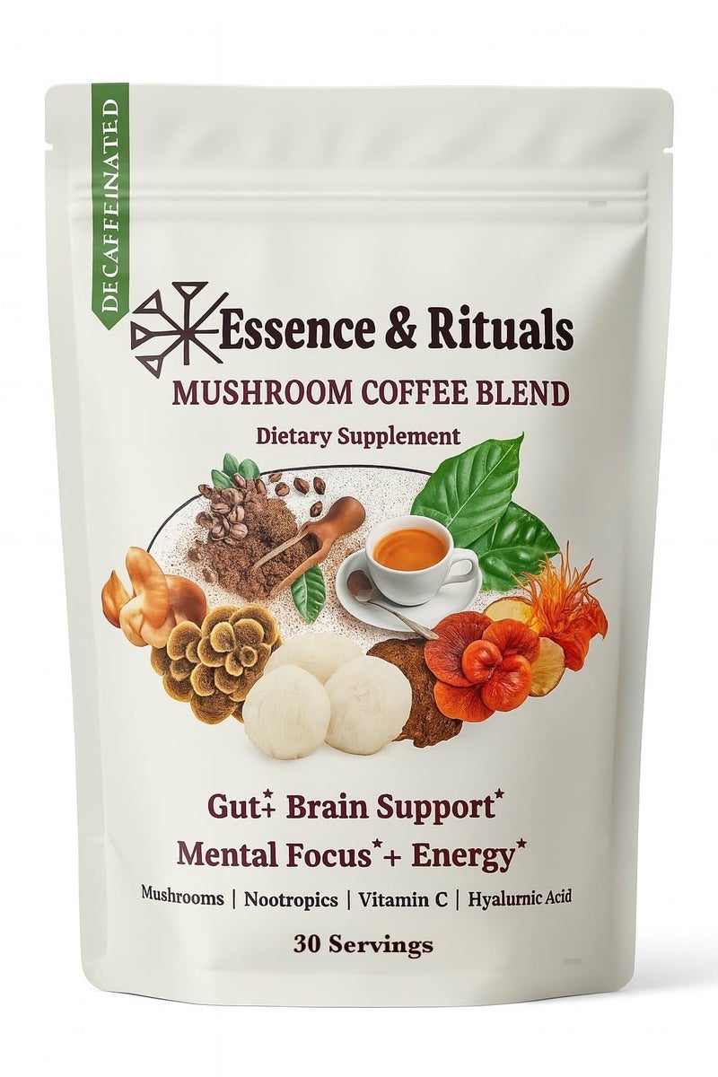 Essence & Rituals Mushroom Coffee Blend- Decaffeinated/Caffeinated Instant Coffee with Lion's Mane, Reishi, Chaga, Cordyceps- Gut, Brain, Focus & Energy Support- 30 Servings (Decaffeinated) - Image 1